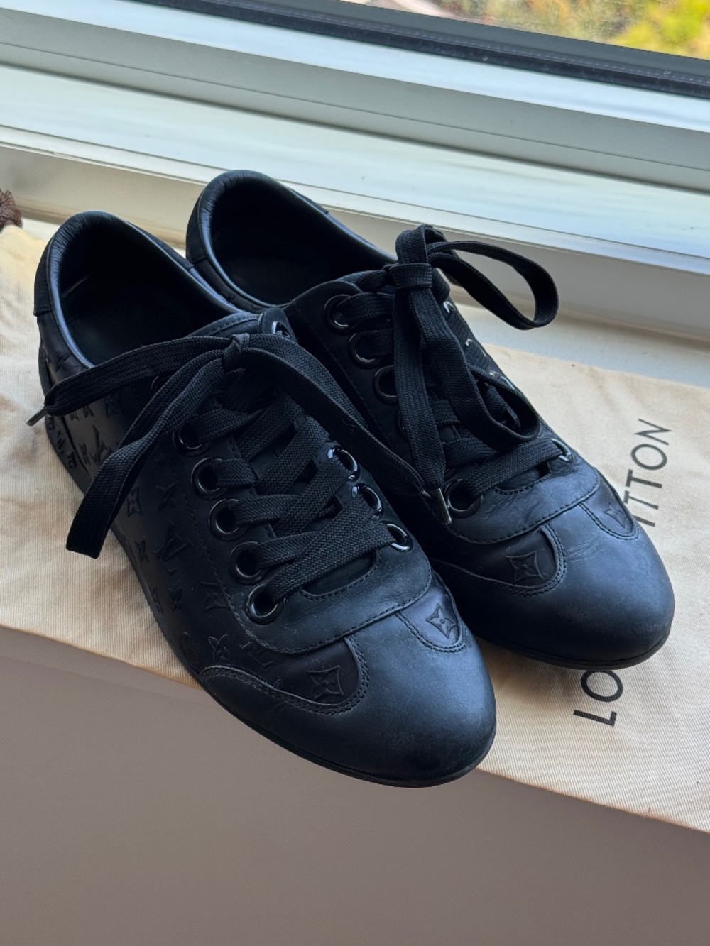 Louis Vuitton Black Monogram Satin And Leather Lace Up Sneakers Size 37